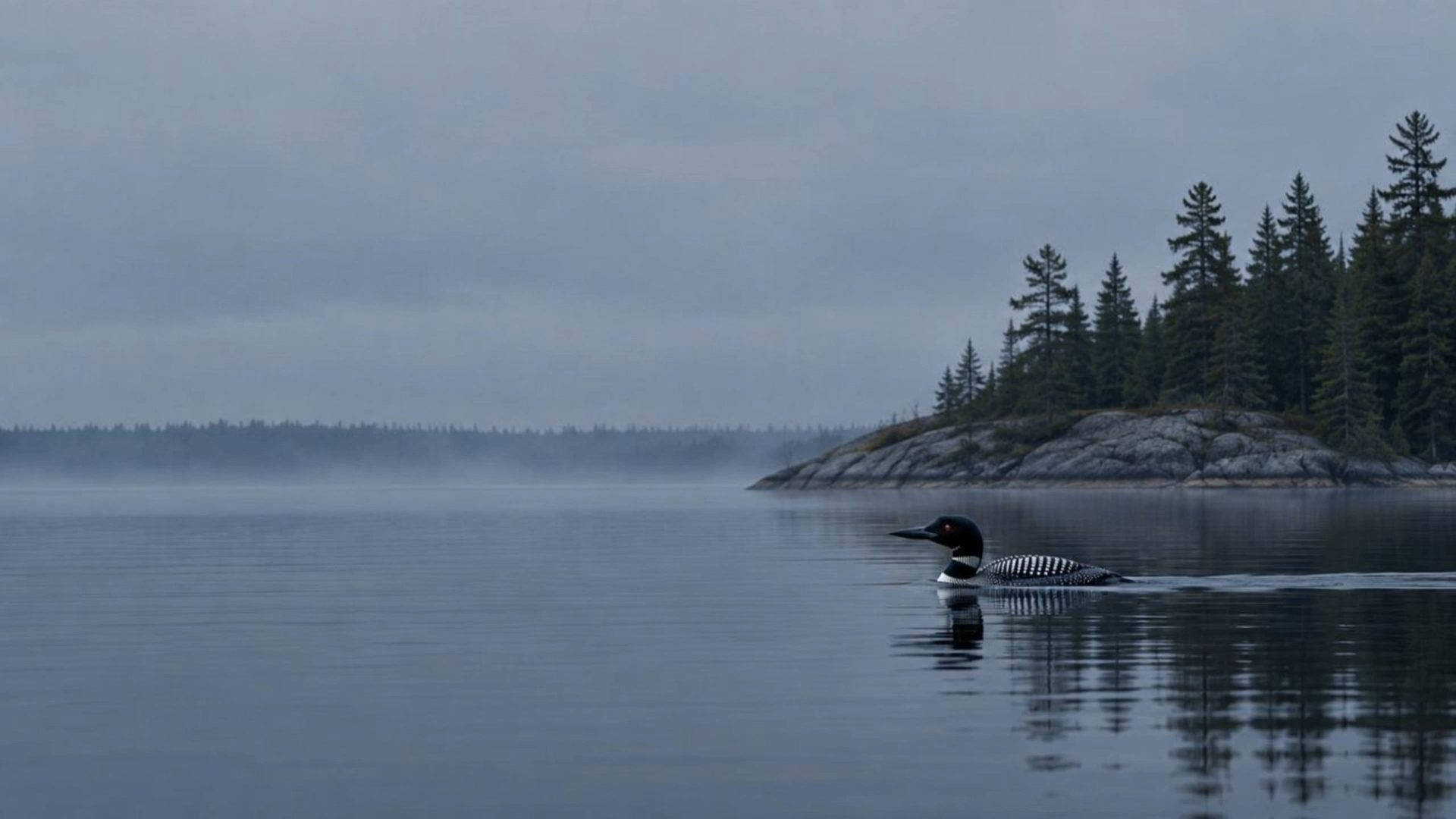 A loon on a misty Canadian lake