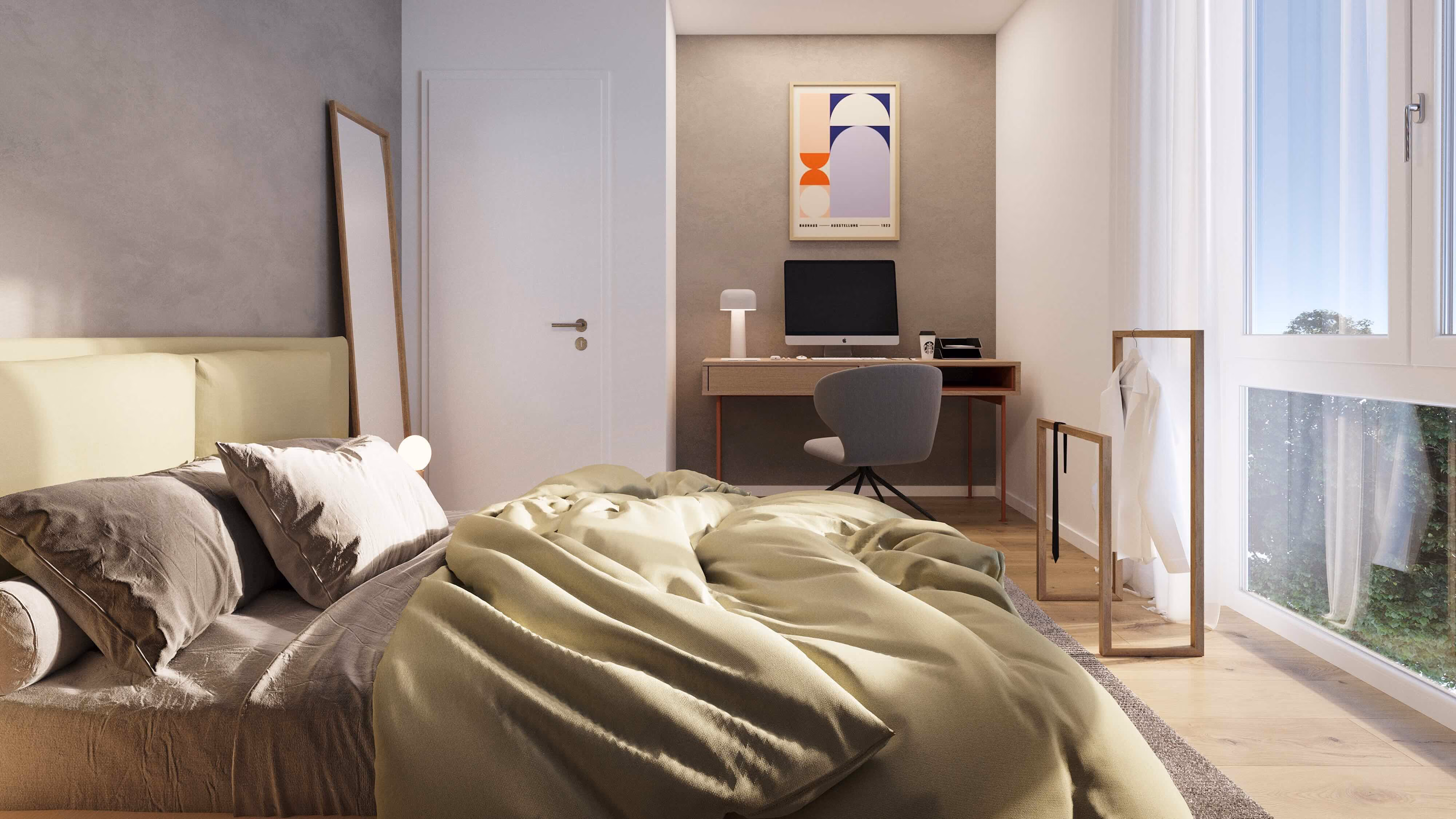 Schlafzimmer mit großem Fenster und warmem Licht