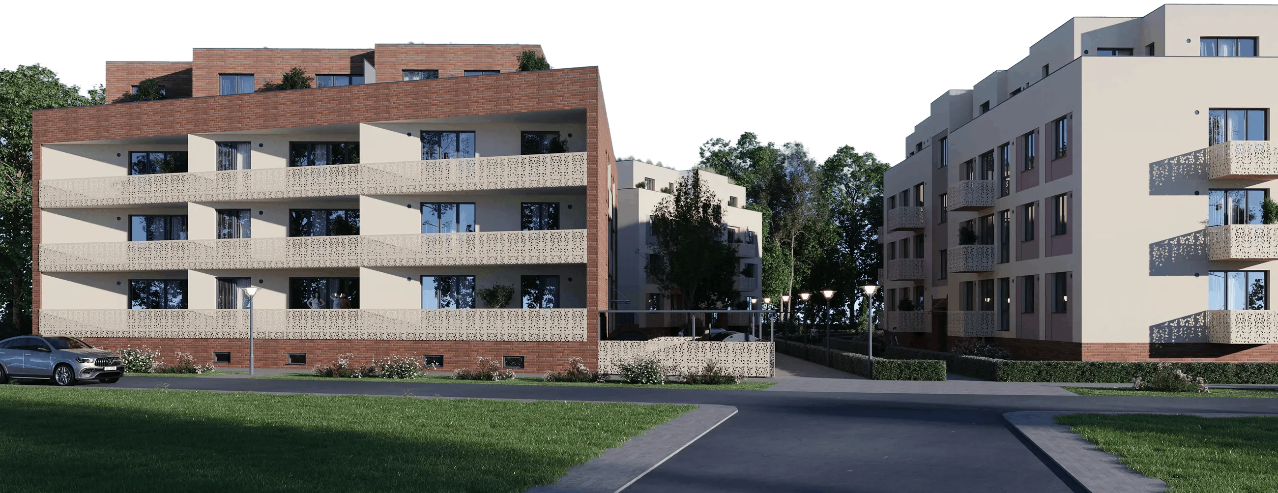 Visualisierung der Wohngebäude von Karls Living mit Balkonen und Straßenansicht