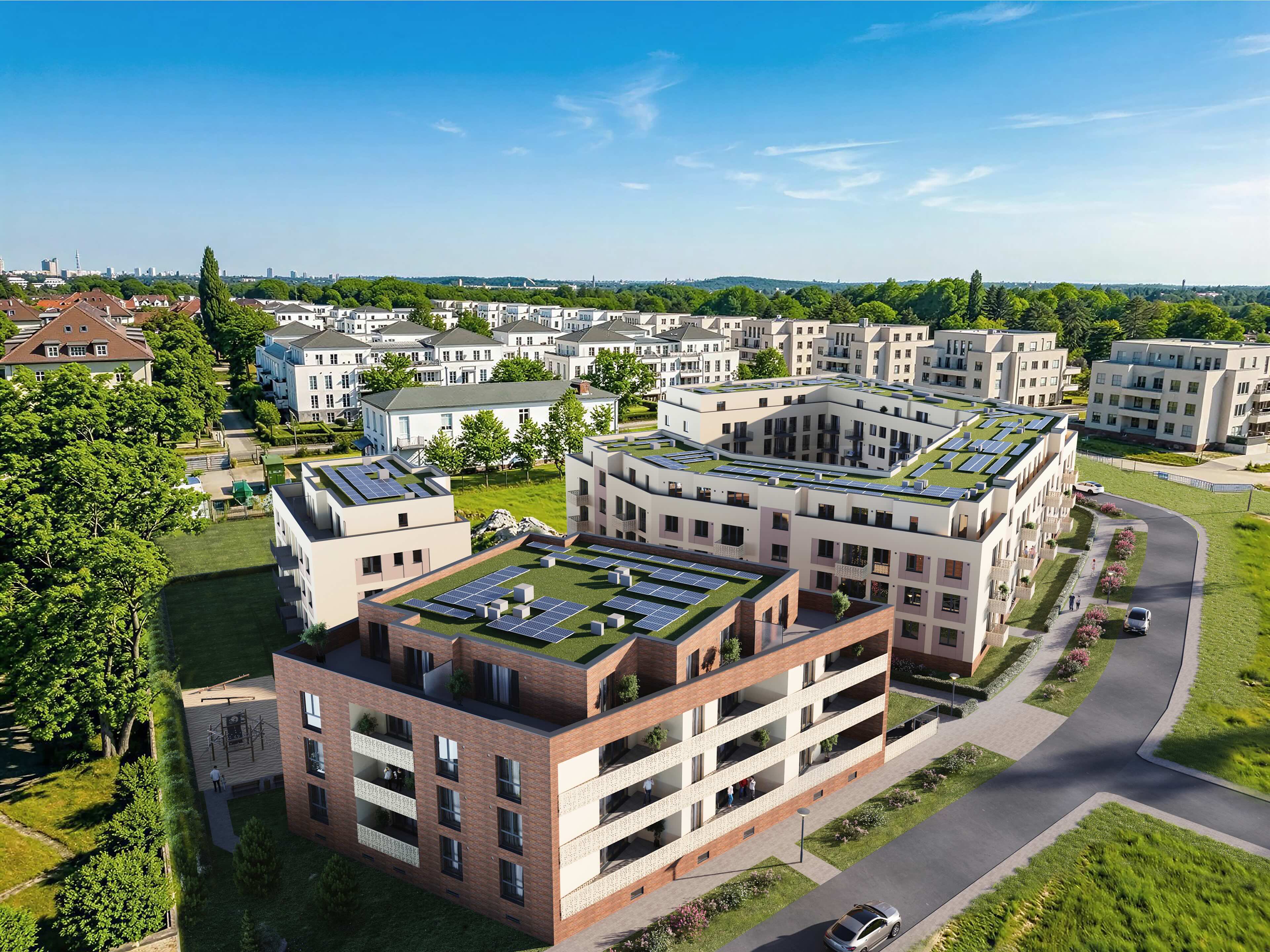 Luftbild von Karls Living mit begrünten Innenhöfen