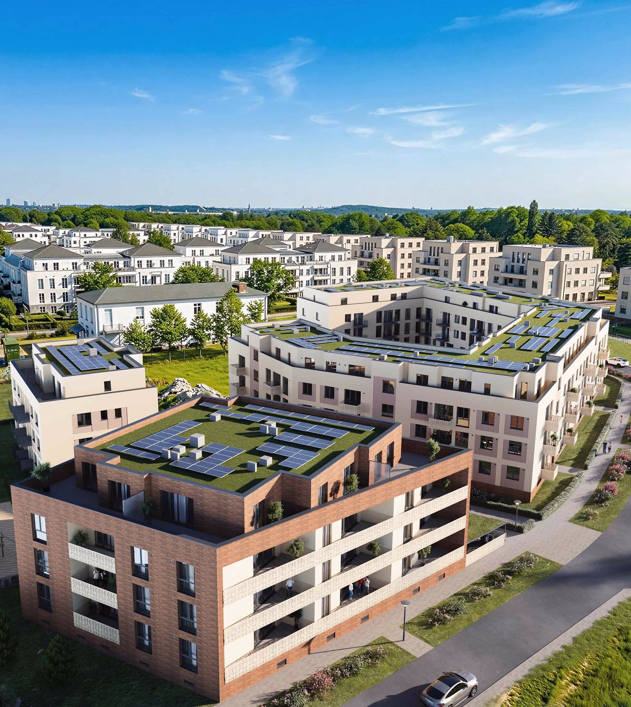Gebäude mit begrünten Dächern aus der Vogelperspektive