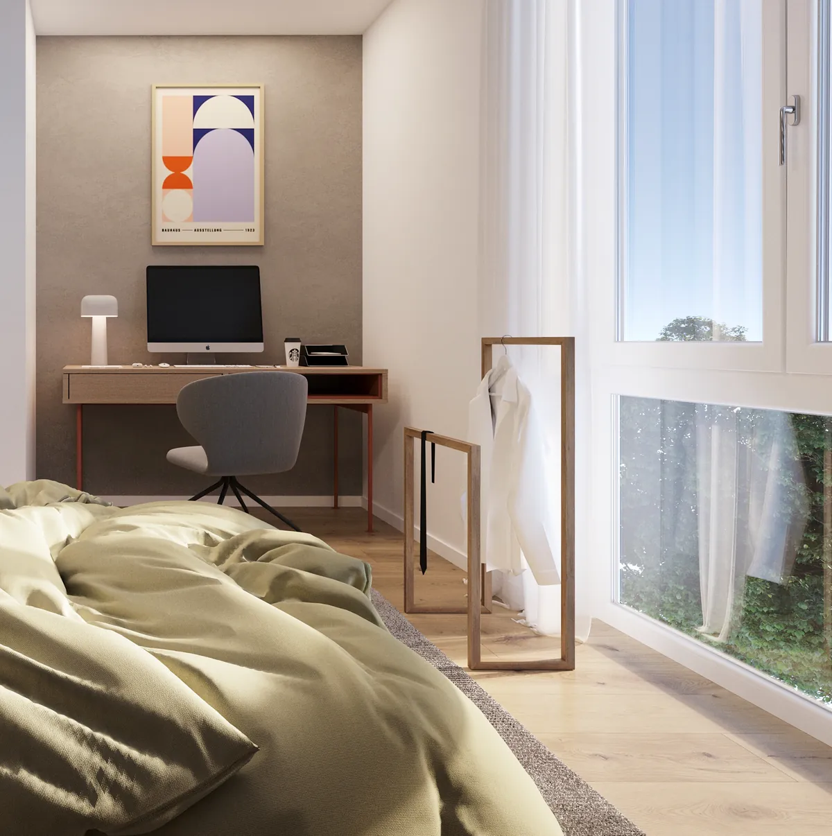 Schlafzimmer mit Schreibtisch und bodentiefem Fenster