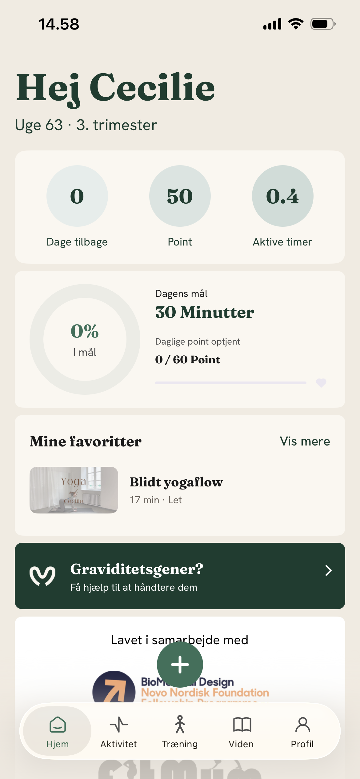 MammaGo app: forsiden med dagens mål og aktivitet