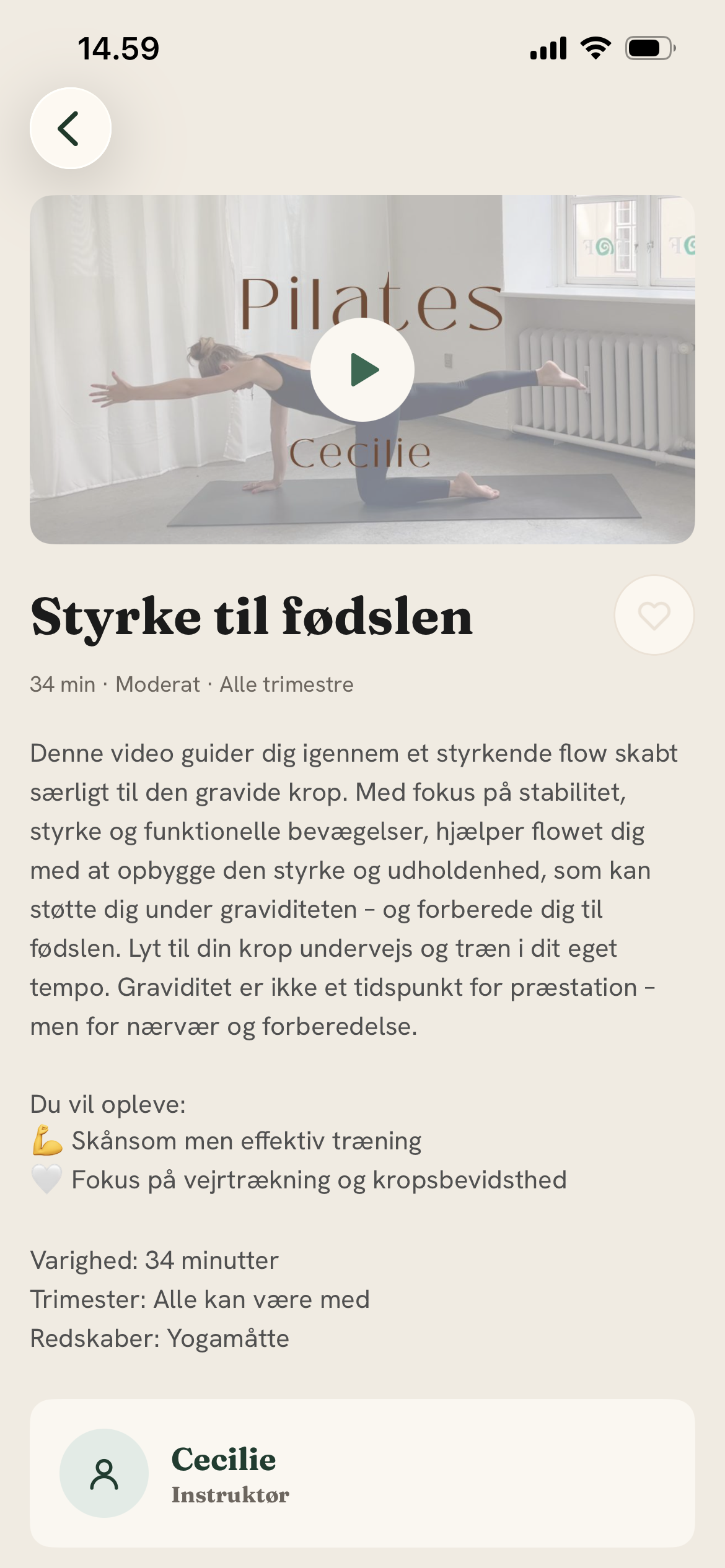 MammaGo app: træningsvideoen Styrke til fødslen med Cecilie