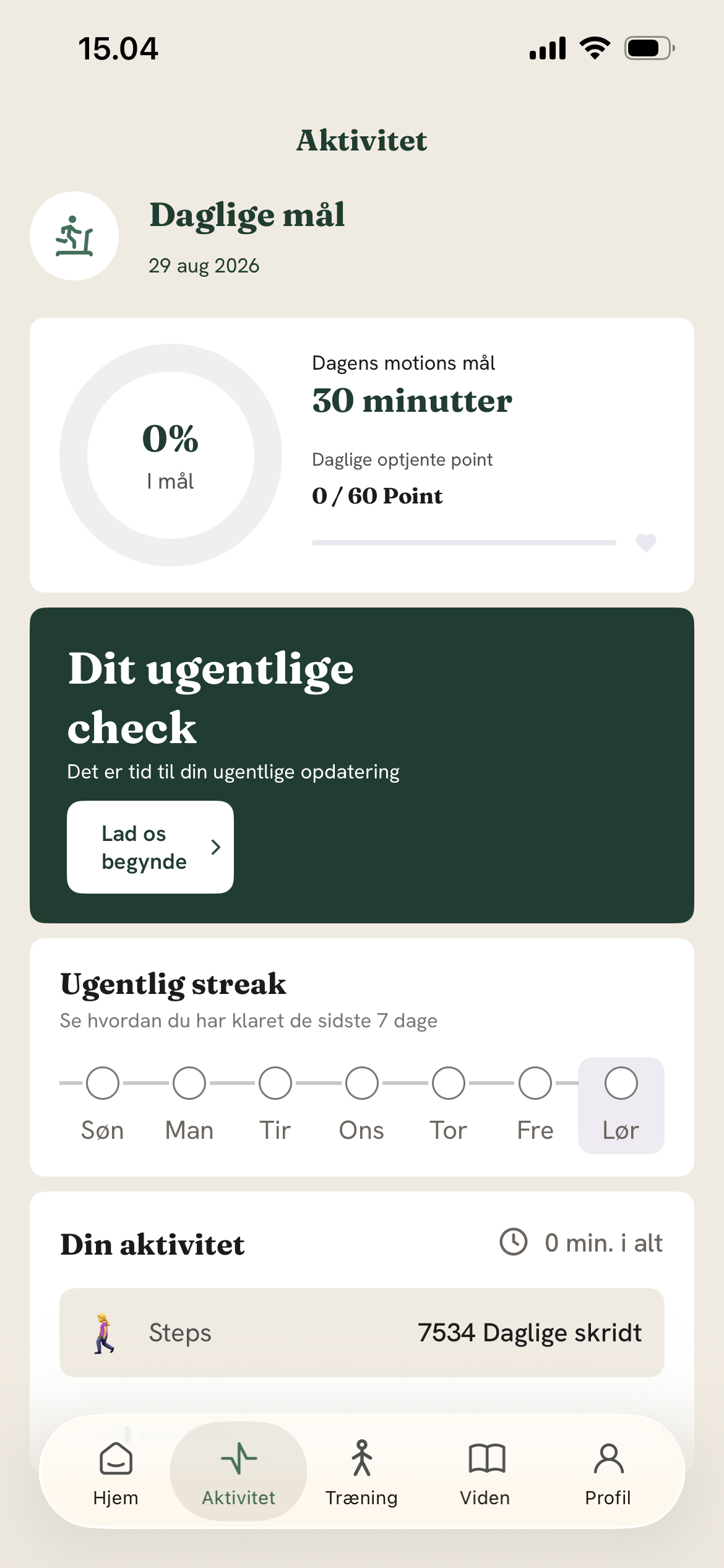 MammaGo app: Aktivitetsskærm med dagligt mål og ugentlig streak