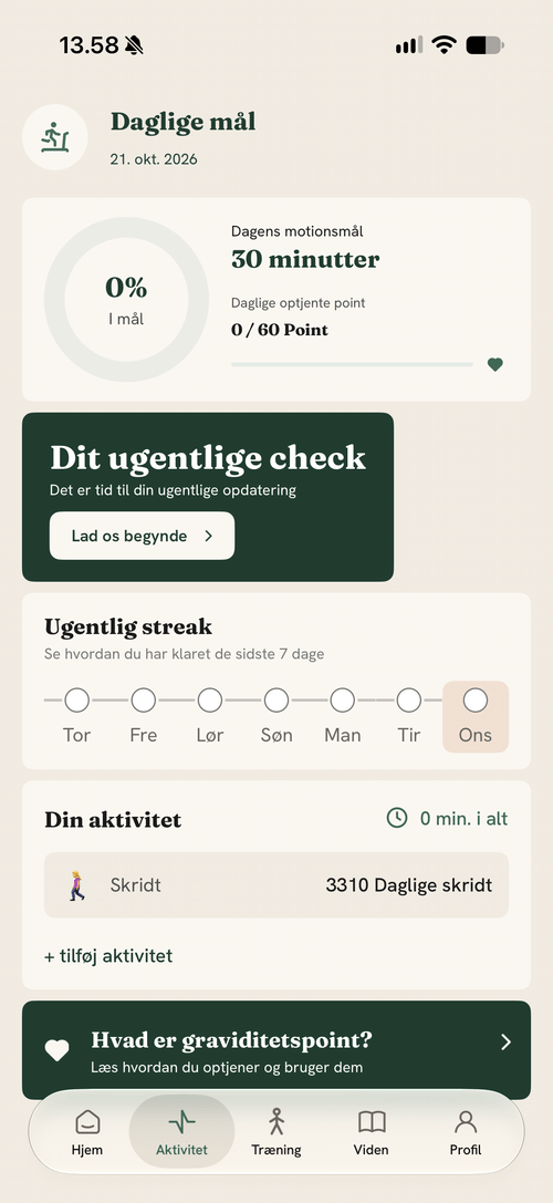 MammaGo app: Aktivitetsskærm med dagligt mål og ugentlig streak