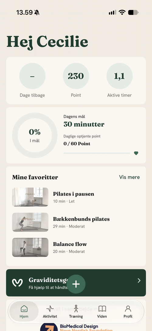 MammaGo app: forsiden med dagens mål og aktivitet