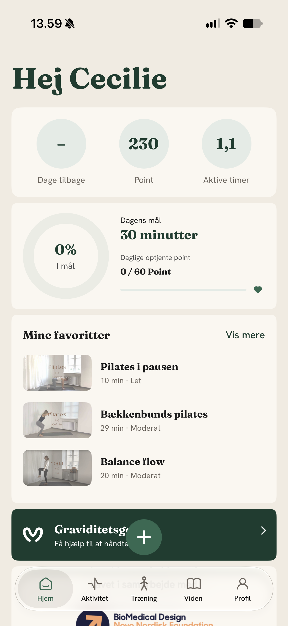 MammaGo app: forsiden med dagens mål og aktivitet