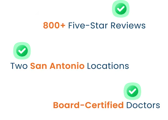 Three checkmark icons next to text: 800+ Five-Star Reviews, Two San Antonio Locations, and Board-Certified Doctors.