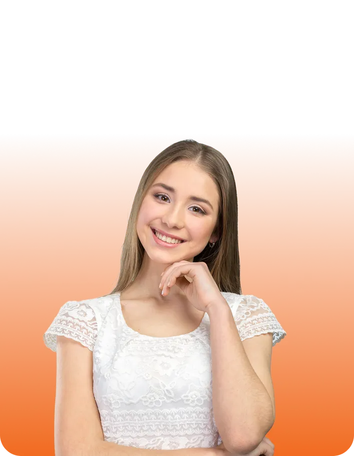 A smiling young woman with an orange gradient background, resting her chin on her hand.