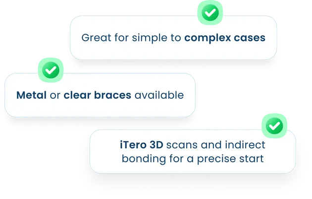 Traditional Braces feature callouts: great for simple to complex cases, metal or clear braces available, iTero 3D scans and indirect bonding for a precise fit.