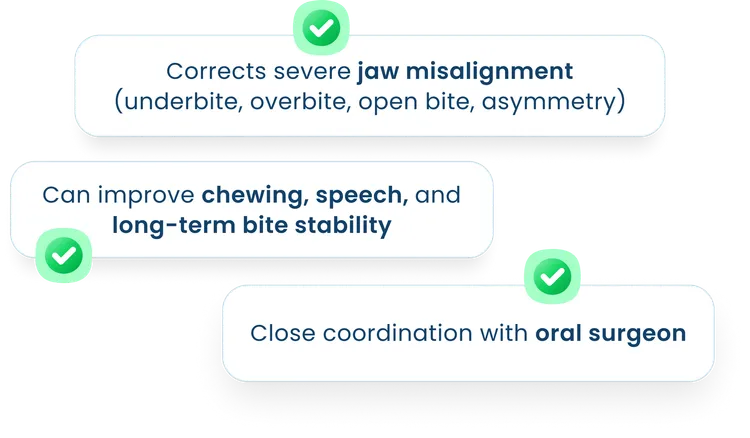 Surgical Orthodontics feature callouts: corrects severe jaw misalignment, can improve chewing, speech, and long-term bite stability, close coordination with oral surgeon.
