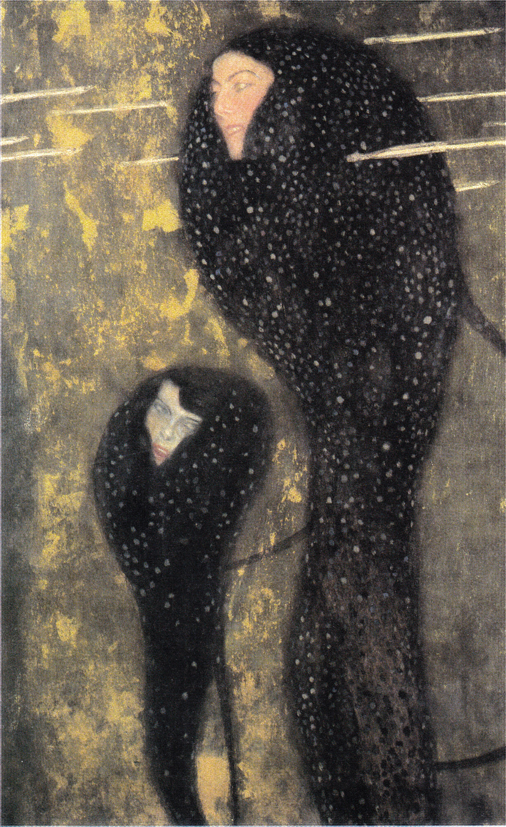 Gustav Klimts Gemälde „Nixen (Silberfische)“: zwei langgestreckte, schleierhafte Frauenfiguren gleiten durch dunkles Wasser.