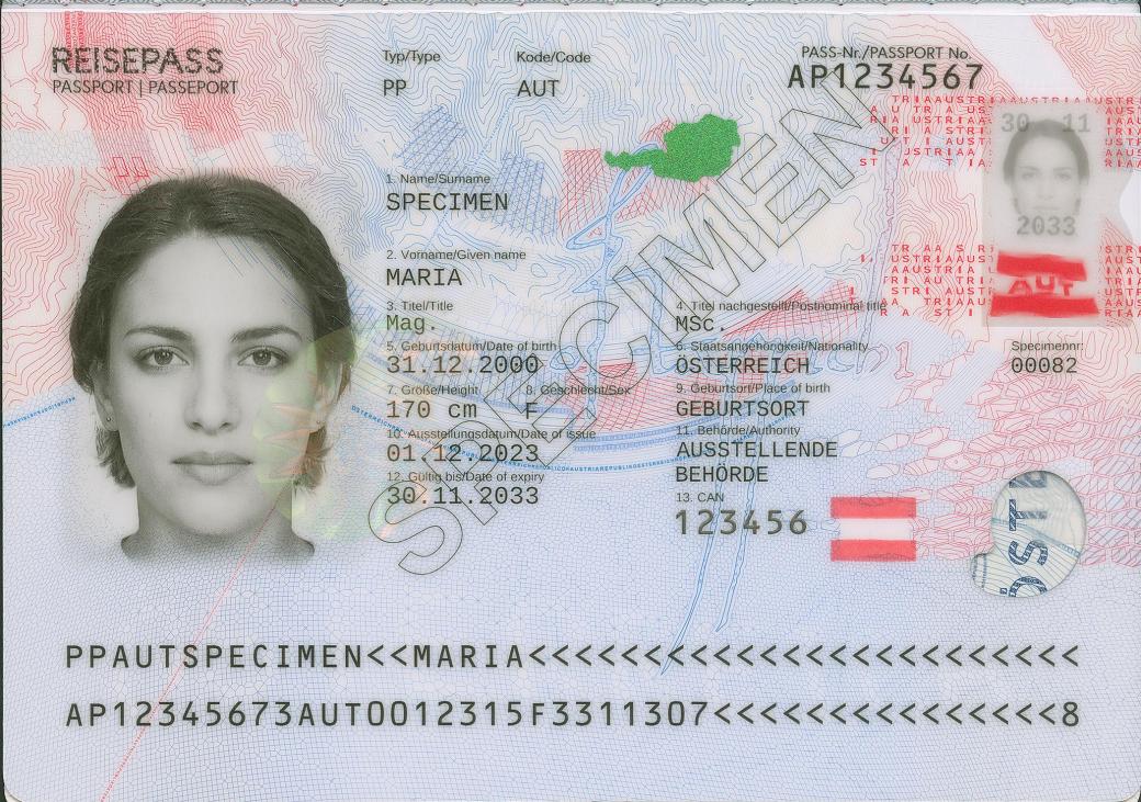 Die Datenseite eines österreichischen Reisepasses von 2024 mit dem Feld für den Geschlechtseintrag.