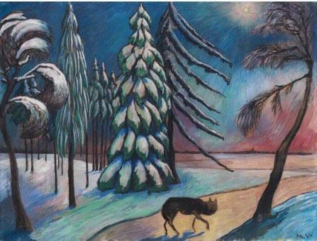 Marianne von Werefkins Gemälde „Le rôdeur de nuit“: ein Wolf schleicht nachts über einen Weg durch verschneiten Wald, der Himmel in farbigen Streifen unter einem Stern.