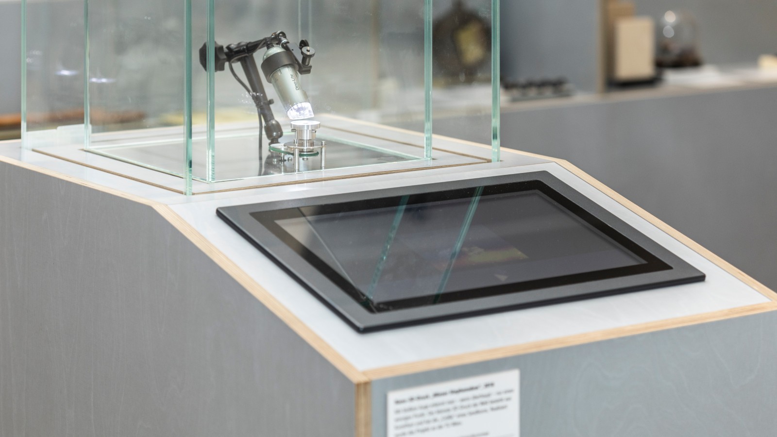 Touchscreen-Station mit Vitrine und Mikroskop, an der das Nano-Modell sichtbar gemacht wird.