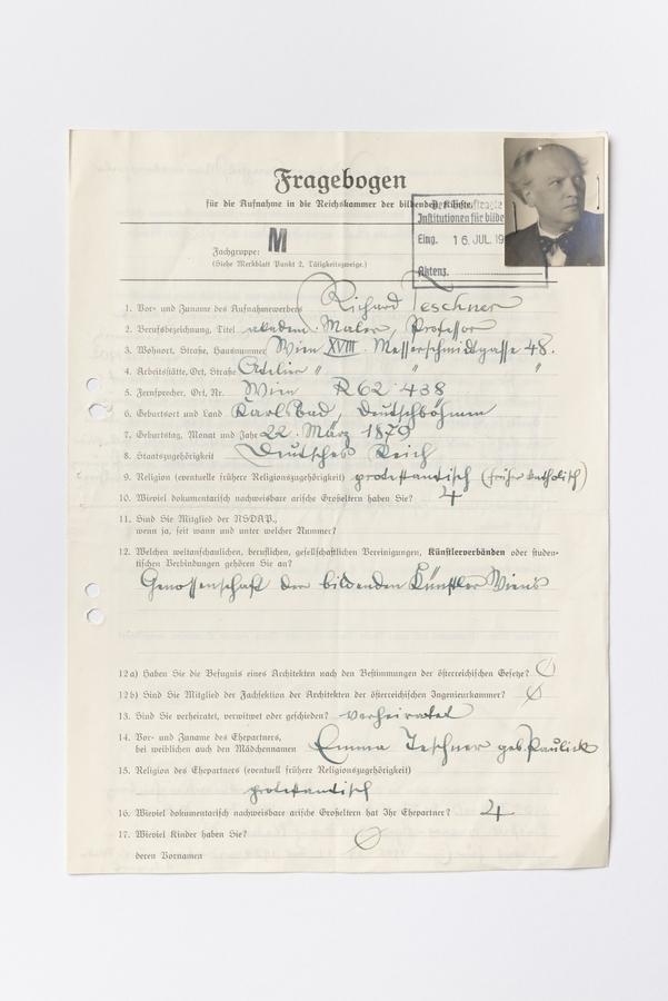 Der ausgefüllte Fragebogen der Reichskammer der bildenden Künste von Richard Teschner aus dem Jahr 1938.