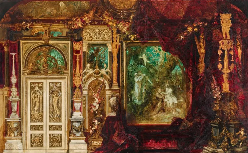 Hans Makart, Dekorationsentwurf für das Schlafzimmer der Kaiserin Elisabeth in der Hermesvilla, 1882, Mittelszene aus dem Sommernachtstraum.