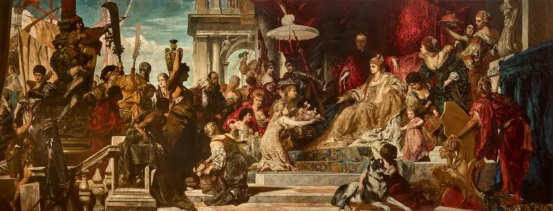 Hans Makart, Venedig huldigt Caterina Cornaro, 1872–73: ein figurenreiches Festbild in satten Farben.