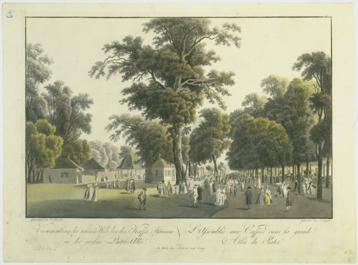 Laurenz Janscha und Johann Ziegler: Kaffeehäuser im Prater, kolorierte Radierung, um 1794, Albertina