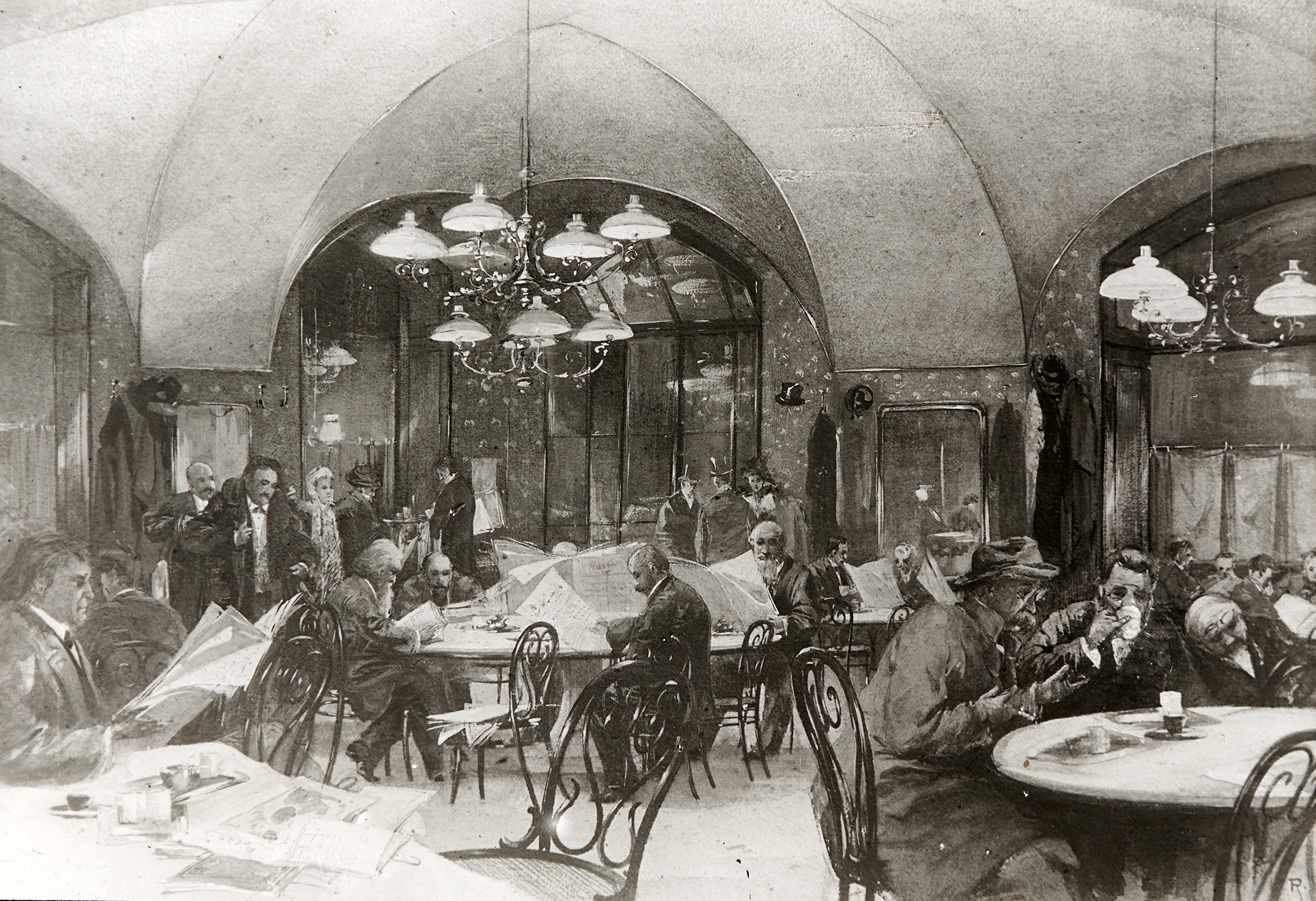 Zeitunglesen im Café