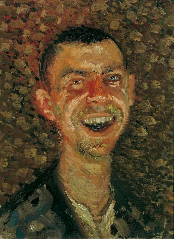Richard Gerstl, Selbstbildnis, lachend, 1907/08: ein grinsender junger Mann, mit groben Pinselstrichen gemalt.