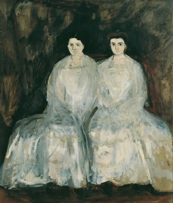 Richard Gerstl, Die Schwestern Karoline und Pauline Fey, 1905: zwei Frauen mit maskenhaften Gesichtern vor dunklem Grund.