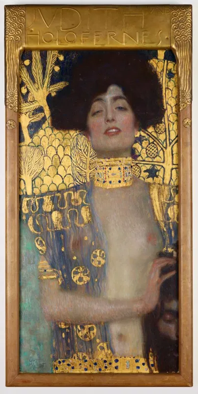 Gustav Klimt, Judith, 1901: eine Frau mit halb geschlossenen Augen und goldenem Halsschmuck vor goldenem Grund.