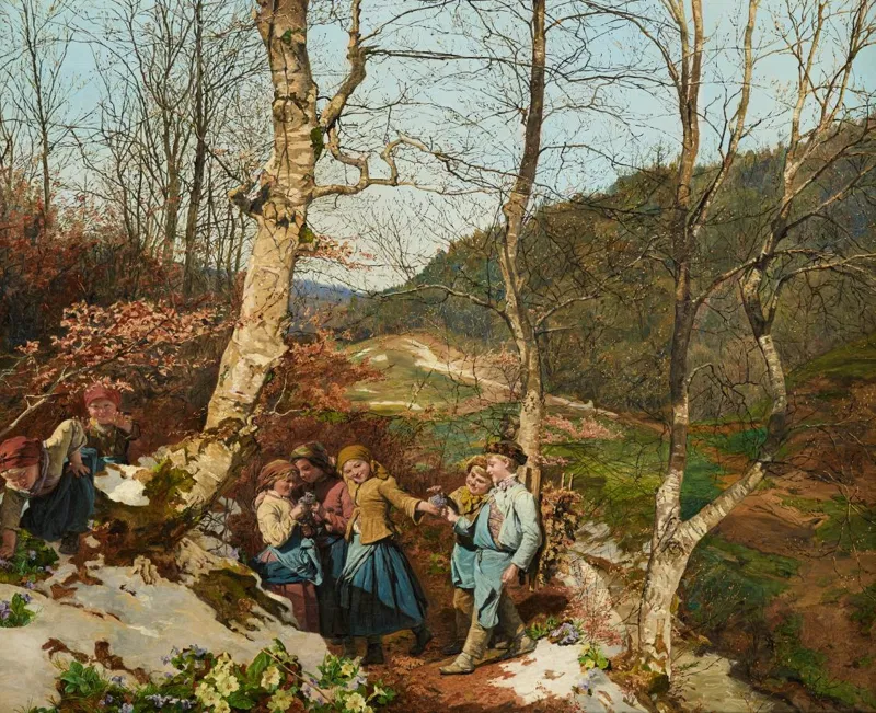 Ferdinand Georg Waldmüller, Vorfrühling im Wienerwald, 1861: zwei Kinder in einer Waldlandschaft mit Veilchen und Primeln.