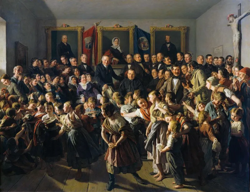 Ferdinand Georg Waldmüller, Kinder armer Eltern werden von der Gemeinde Spittelberg am Michaelitage mit Winterkleidern beteilt, 1857.