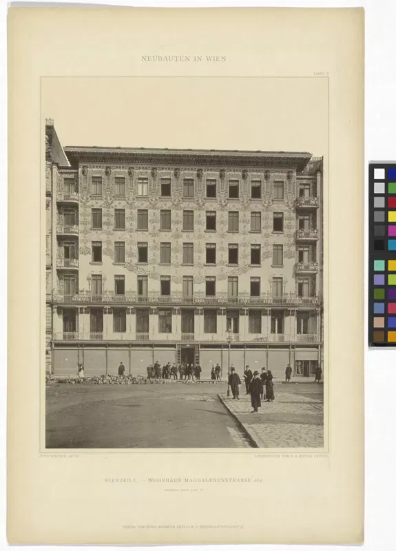 Linke Wienzeile 40, Wohnhaus von Otto Wagner (Majolikahaus), Tafel aus „Moderne Städtebilder“, 1900.