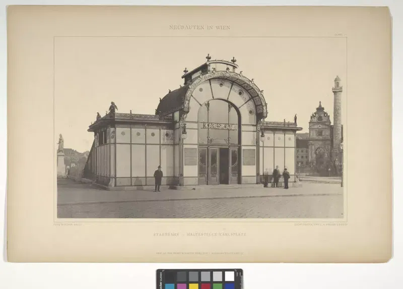 Stadtbahnstation Karlsplatz, Otto-Wagner-Pavillon (Pavillon Ost), Tafel aus „Moderne Städtebilder“, 1900.