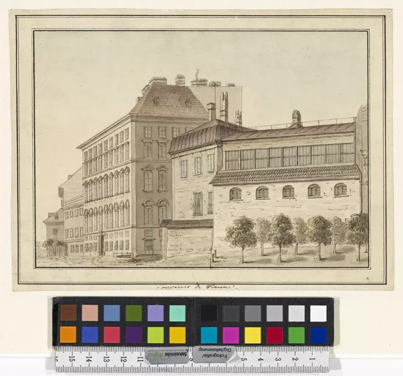 Johann Sterber, Ansicht der Mölkerbastei mit Pasqualati-Haus und einem Teil des Palais Lubomirski, 1819
