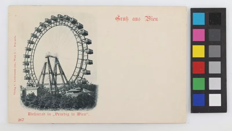 Das Riesenrad im Vergnügungspark Venedig in Wien, Ansichtskarte um 1898.