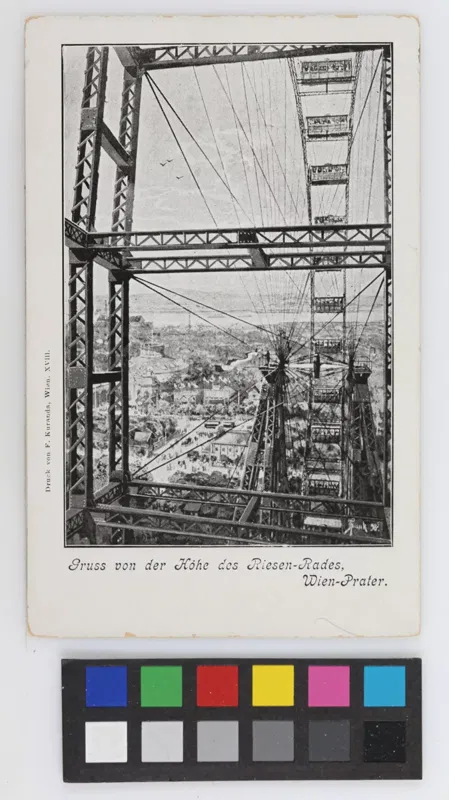 Blick aus einer Riesenradgondel auf die Rotunde und die Donau, Ansichtskarte um 1899.
