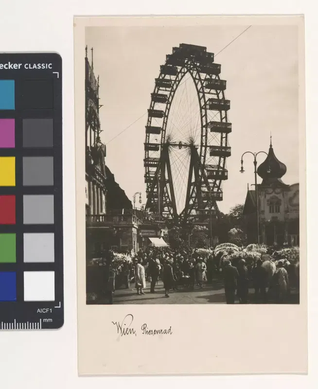 Das Wiener Riesenrad im Volksprater auf einer Ansichtskarte der 1930er-Jahre.