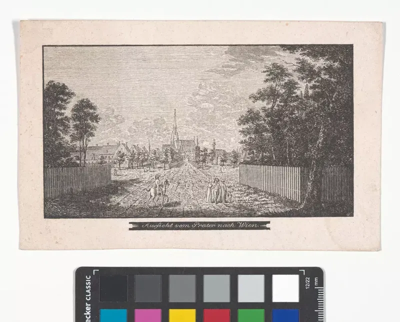 Aussicht vom Prater nach Wien mit dem Stephansdom, Kupferstich um 1790.