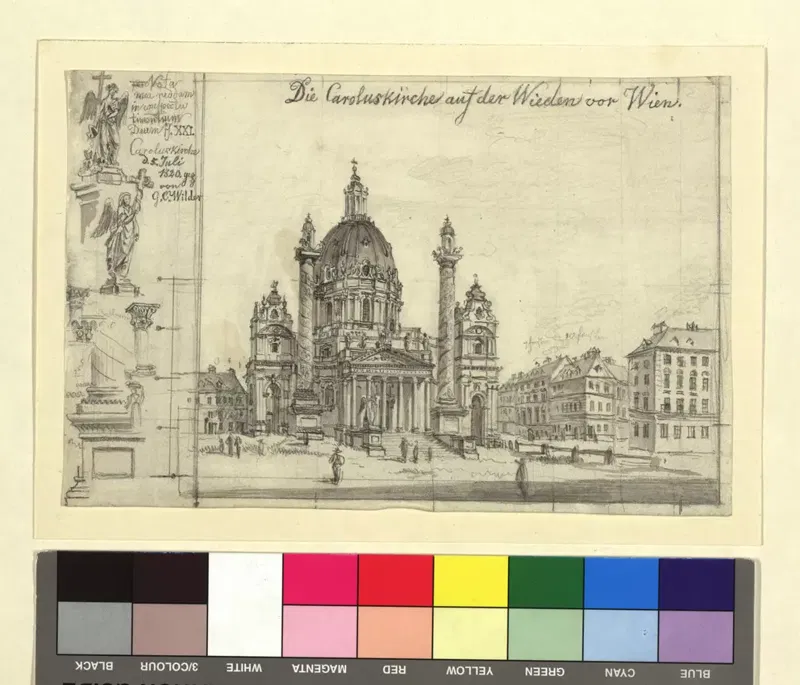 Blick auf die Hauptfront der Karlskirche, Darstellung von Georg Christoph Wilder, 1820.
