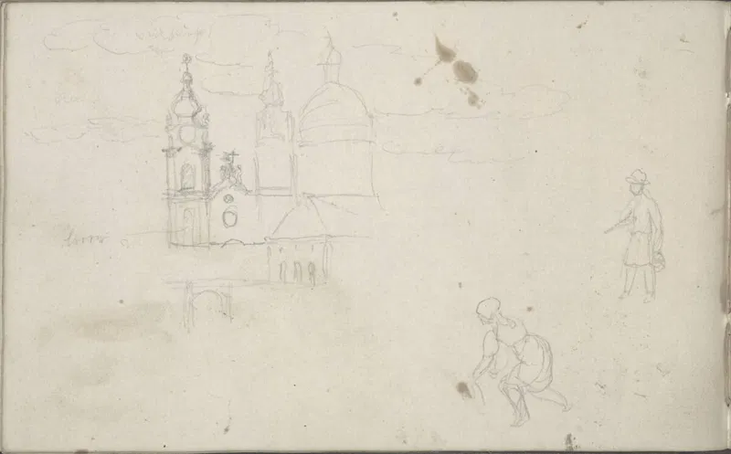 Blasius Höfel, Ansicht des Stiftes Melk, Studie mit Farbbezeichnungen, Zeichnung um 1839.