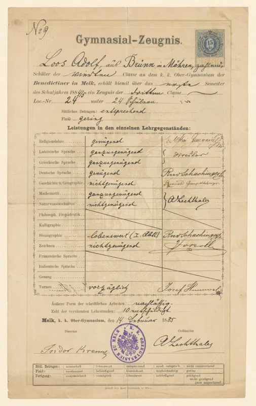Zeugnis von Adolf Loos vom k. k. Ober-Gymnasium der Benediktiner in Melk, 14. Februar 1885.