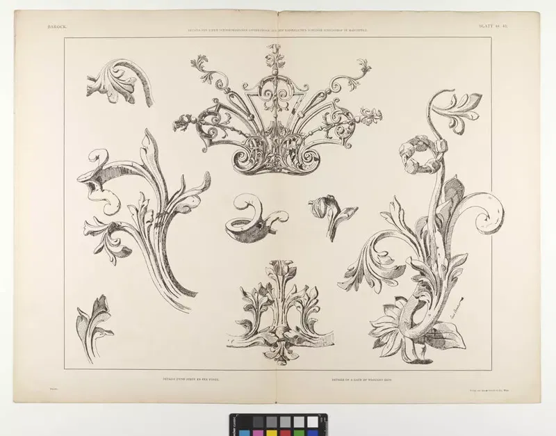 Schmiedeeisernes Gittertor aus Schloss Hof, Details, Tafel aus einem Mappenwerk von 1888.