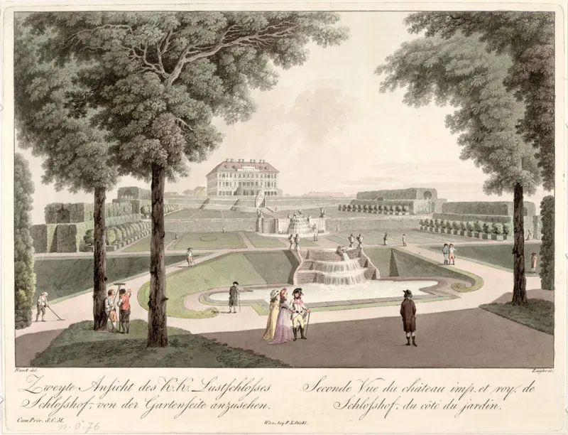 Ferdinand Runk und Johann Ziegler, Schlosshof vom Garten aus gesehen, Druckgrafik um 1810.