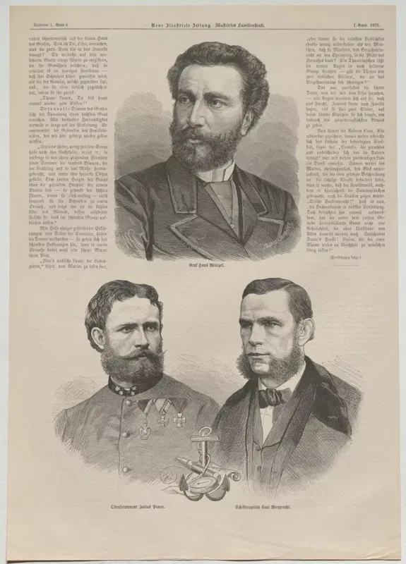 Hans Graf Wilczek, Julius Payer und Karl Weyprecht, Holzstich aus der Neuen Illustrirten Zeitung, 1875.