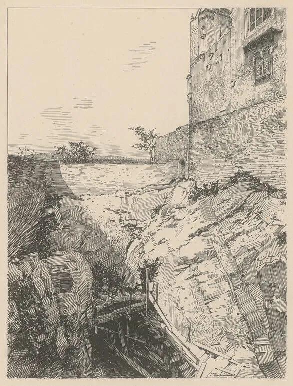 Teilansicht der Burg Kreuzenstein bei Leobendorf, topografische Ansicht aus der Zeit des Wiederaufbaus, 1874 bis 1884.