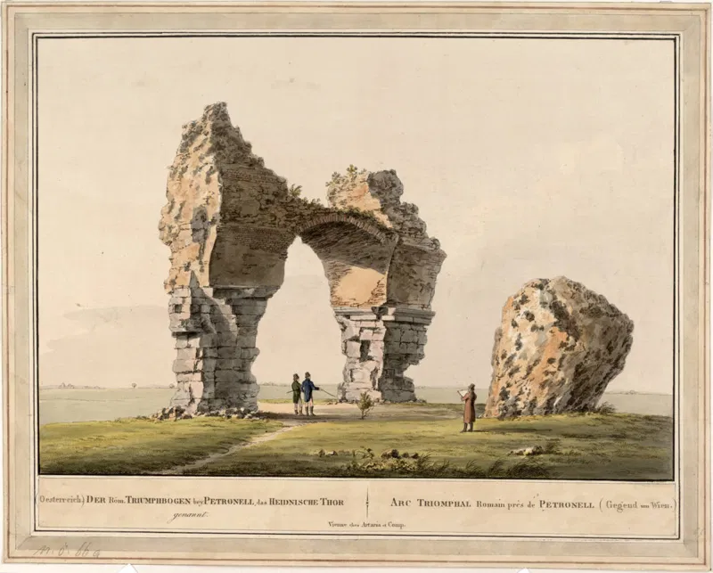 Das Heidentor bei Petronell, Druckgrafik aus dem Verlag Artaria um 1833.