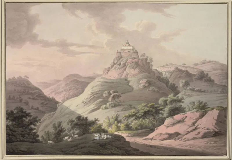 Joseph Högel, Blick auf Burg Forchtenstein in Ungarn, Zeichnung.