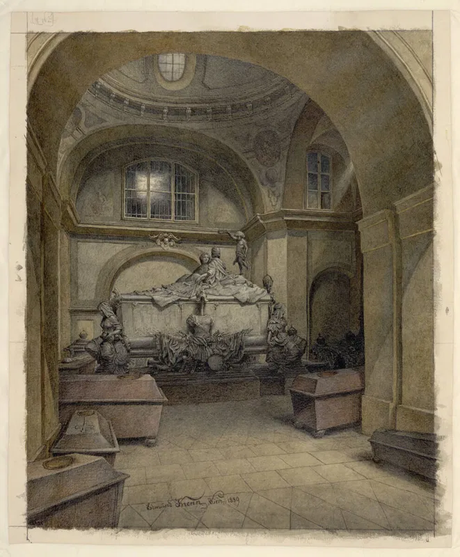 Aquarell von Edmund Krenn, 1889: der Doppelsarkophag Maria Theresias und Franz Stephans im Gewölbe der Kapuzinergruft