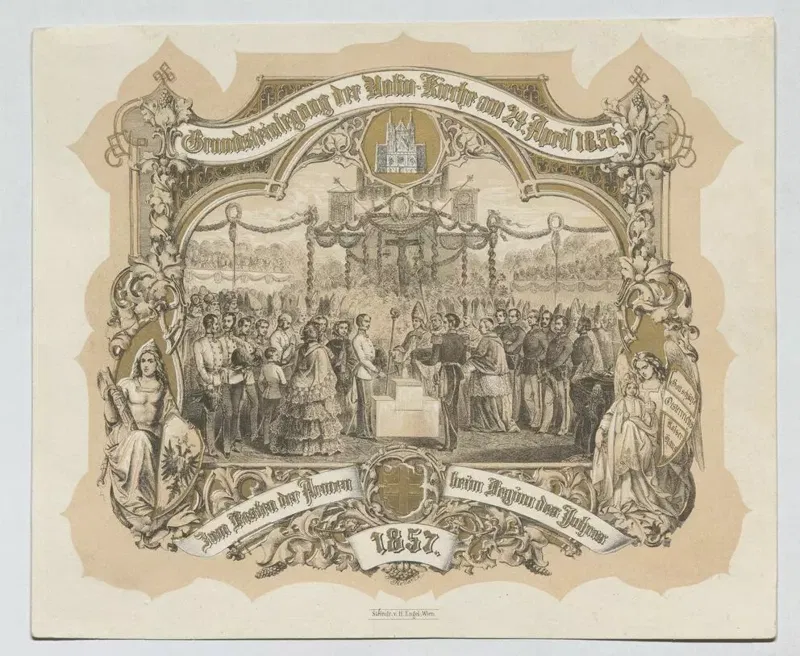 Lithografie von Hermann Engel: die Grundsteinlegung der Votivkirche am 24. April 1856