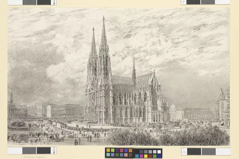 Zeichnung von Rudolf von Alt: die fertige Votivkirche mit ihren zwei Türmen und Menschen auf dem Platz davor, 1879