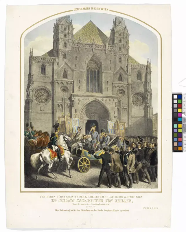 Kolorierte Lithografie: Franz Joseph I. vor dem Stephansdom bei der Danksagung am 12. März 1853